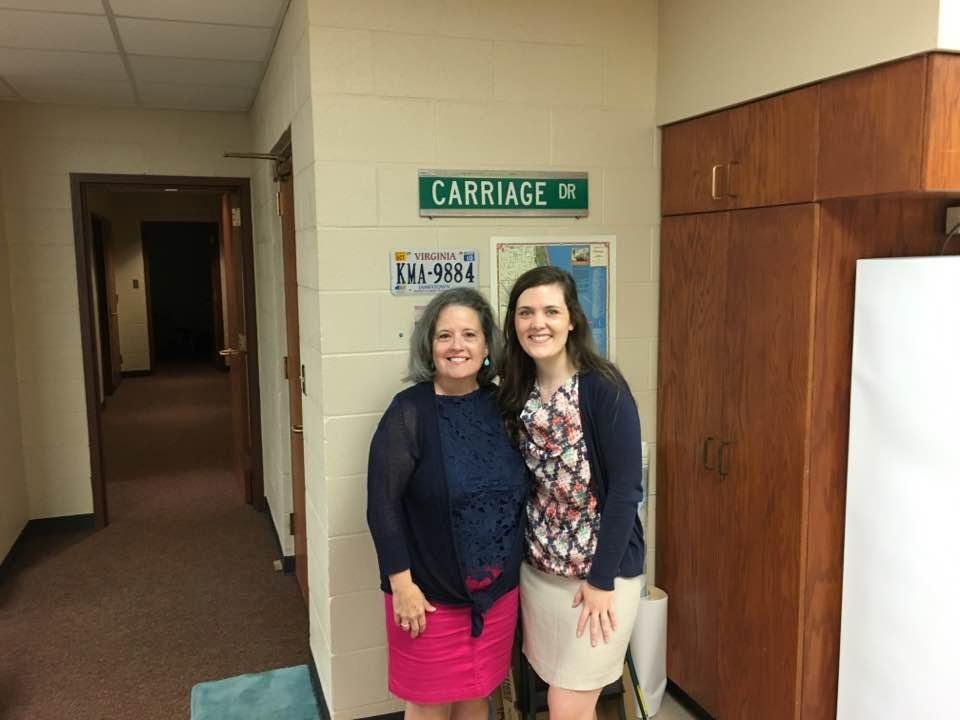 Wini with Adele Zitzman at her new home at Covenant College. Adele is a new Resident Director. Note the road sign from the street on which she lived in Connecticut.