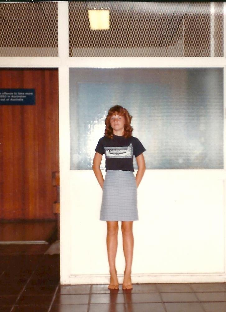 Me in my yr 8 Darwin High school uniform, lol with NO shoes on