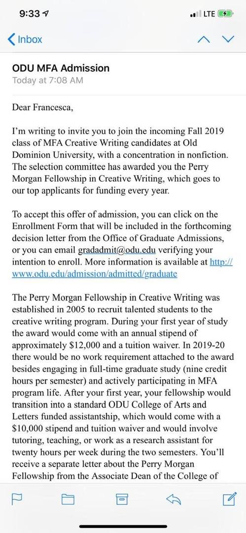 Very proud of my daughter. Latest acceptance letter for an MFA!