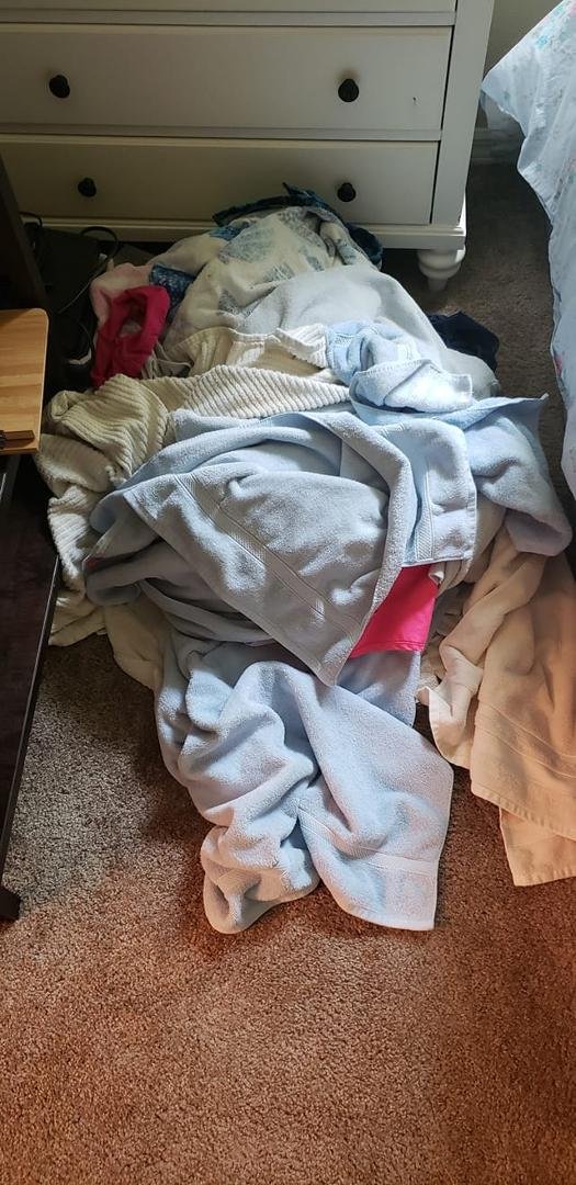 I dont know why anyone cant FIND the towels..they're right HERE....on the floor...between my bed and dresser...like always...😂