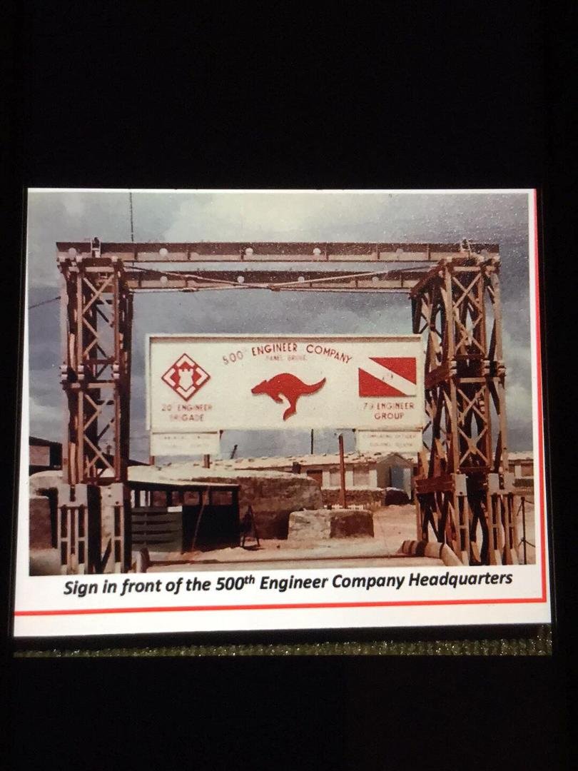 This hangs in the Ft. Leonard Wood Mo. Engineer Museum. My Company Entrance & my Hooch under the Sign to the left is where my bunk was located. We were the 79th, Combat Engineers B.P. Co. Camp Frenzel Jones Vietnam.
