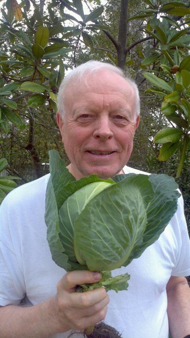 Bill showing off first cabbage from garden
