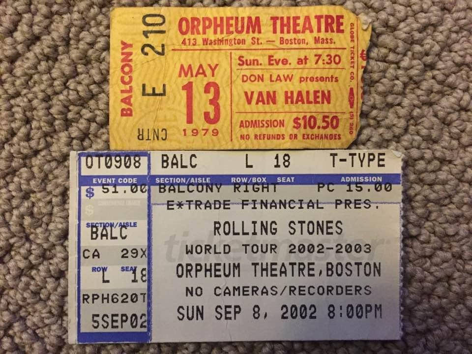 Found 2 old concert stubs. Van Halen when they first went on tour by themselves and Rolling Stones practice concert prior to starting a world tour. The Stone's backup band was Buddy Guy.  Both at the small Orpheum Theatre.😀