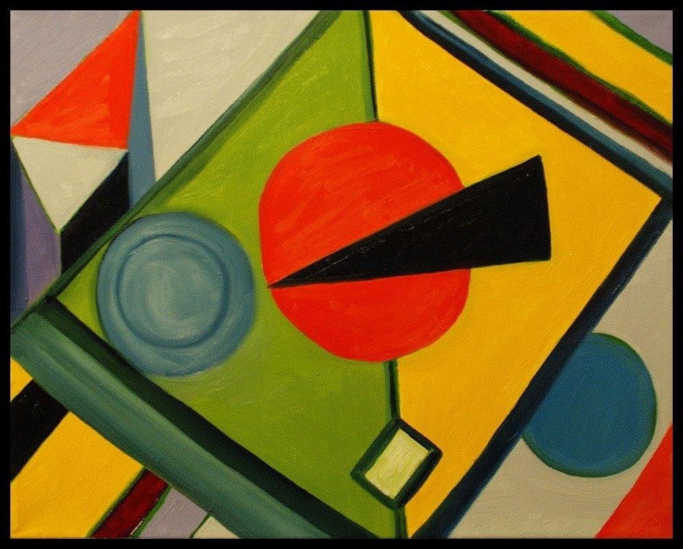 New Painting ..... I'm calling this Neo-Cubist (16"X 20") work, "Electronic Cubism" because it reminds me of printed circuit boards in electronics. Although unintentional, the central red figure seems to be a ode to pac-man