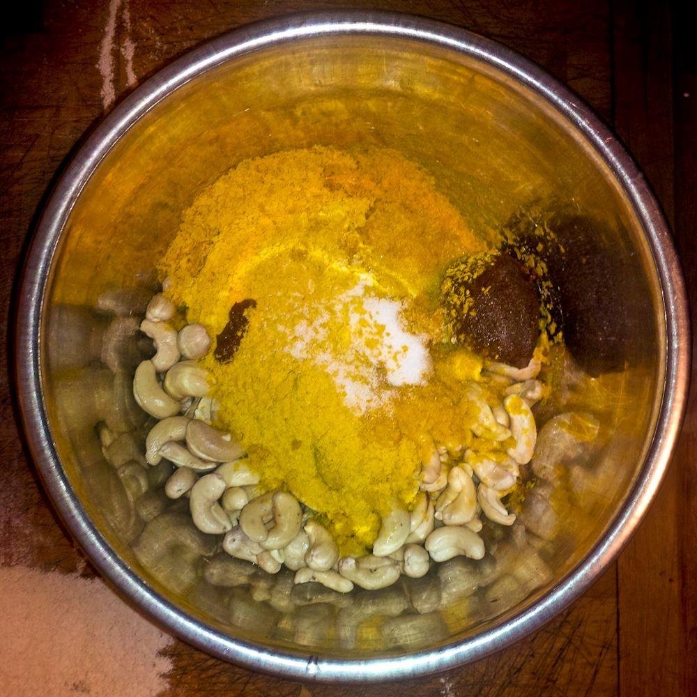 Ingredients for vegan cheddar cheese. After running thru blender, now they are culturing for 3 days. Then a few more weeks of aging and we'll see how it turns out.