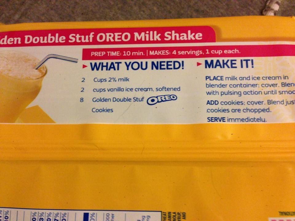 Look on orea bag, golden double stuf Orea Mile Shake!
