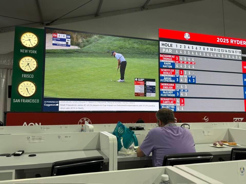 LIVING THE GOOD LIFE AT THE RYDER CUP!
There is something to be said for watching the Ryder Cup opening matches from the comfort of the PGA Media Center, a maple donut and coffee in hand and free breakfast, lunch, and a bee
