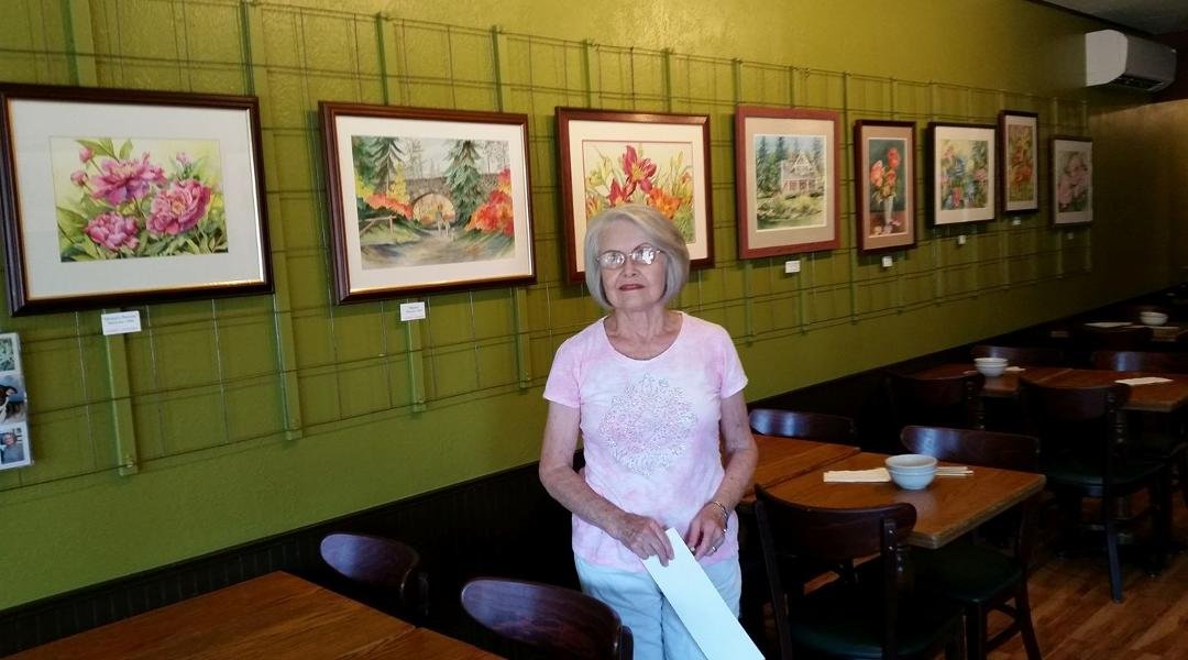 Sue Downes August art exhibit at Gordy's Szechuan Restaurant in Spokane. Both walls. Go in and take a look. It includes 2 Spokane scenes -- one is a South Hill home, another is the crossover bridge at Manito Park.