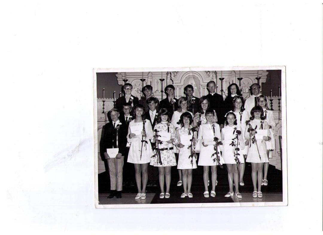 The last class to Graduate from St. Joes. Front Row. Luke Gerth, Cindy Smith, Jody Bomersback, Paula McMahan, Kathy McDaniel, Sally Tharp, Lori McElfresh. Second Row. John Frey, Bob Phillips, Mary Jo Thornberry, Janie Short