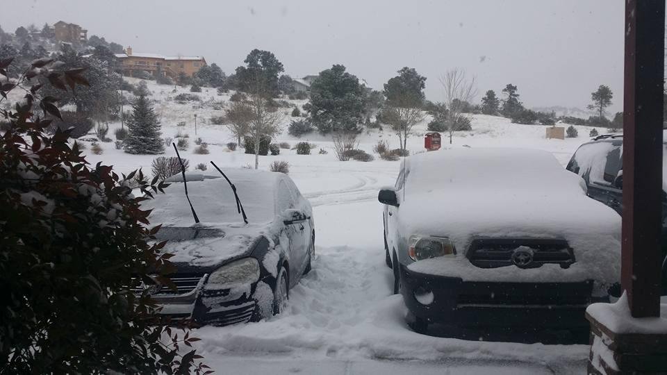 Woke up this morning to snow here at hotel,some people here can not get out,cleaned car off twice gave up.New snow at house is over a foot and still coming down.I am not happy.