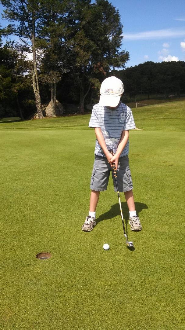 Sam putting on the 11th green at Cedar Ridge Course in East Lyme. We did the back nine. He is a putting machine. On the 16th, he made an 8 footer followed by a 10 footer.