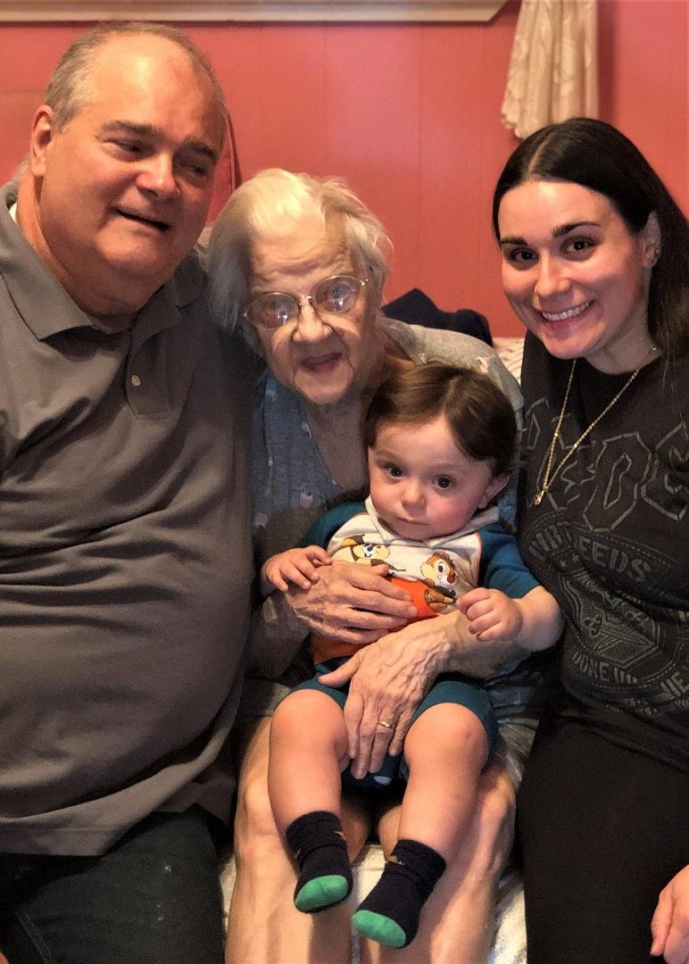 4 Generations: Stella (Racki) Lewis 87, Robert John Lewis, 68, Amy Catherine (Lewis) 33, and Simon Christopher Fortier 1.