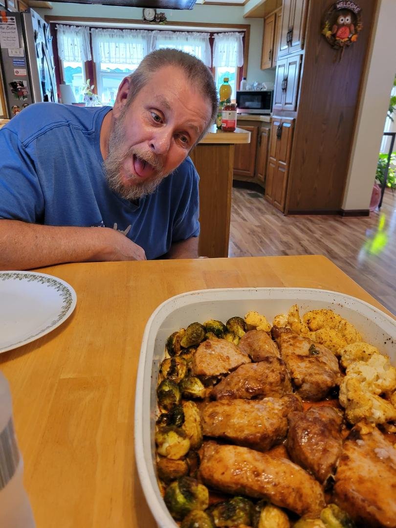 My personal chef, Jack admiring his work. Marinated pork ribs, cauliflower and brussels sprouts.
Sure was good!