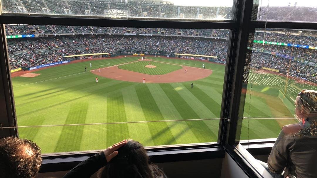 Pre-planning for Greek Heritage Night on June 7. Thank you, Oakland A’s for the suite view!