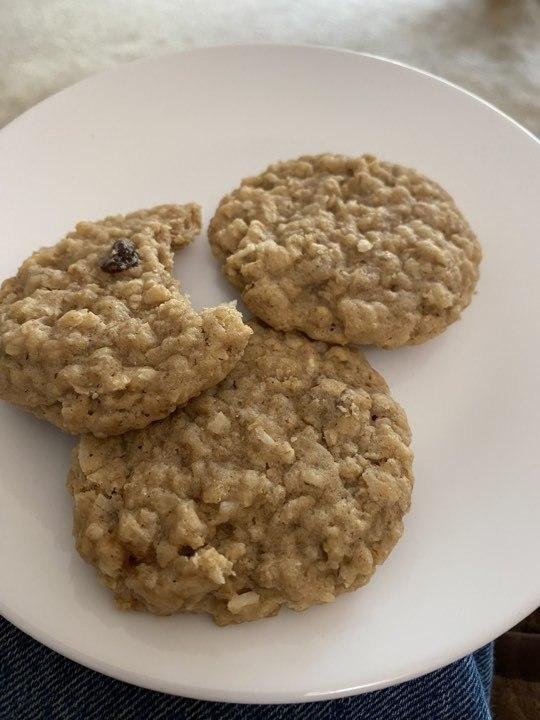 Enjoying my favorite homemade oatmeal-raison cookies. Thanks to Karen the cookie fairy.