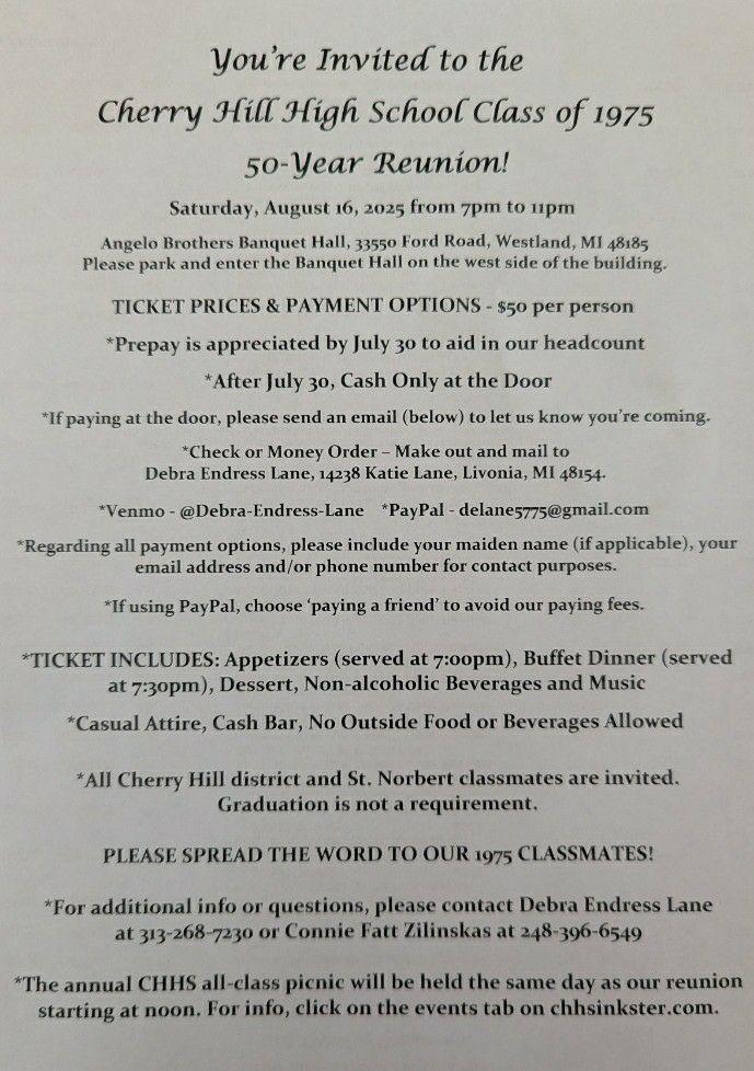 To the Class of 1975...our 50-year reunion is Saturday, August 16. Thanks to those who've already paid! For those who haven't paid yet, we need to provide Angelo's with an accurate headcount on August 6. PLEASE, PLEASE mess