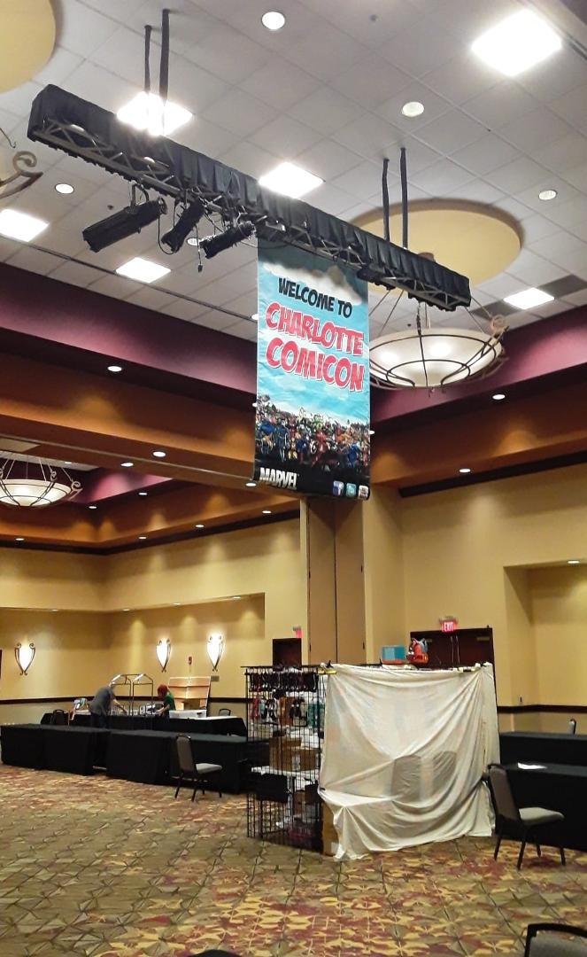 Setting up at the Charlotte Comicon . Getting ready for tomorrow !
