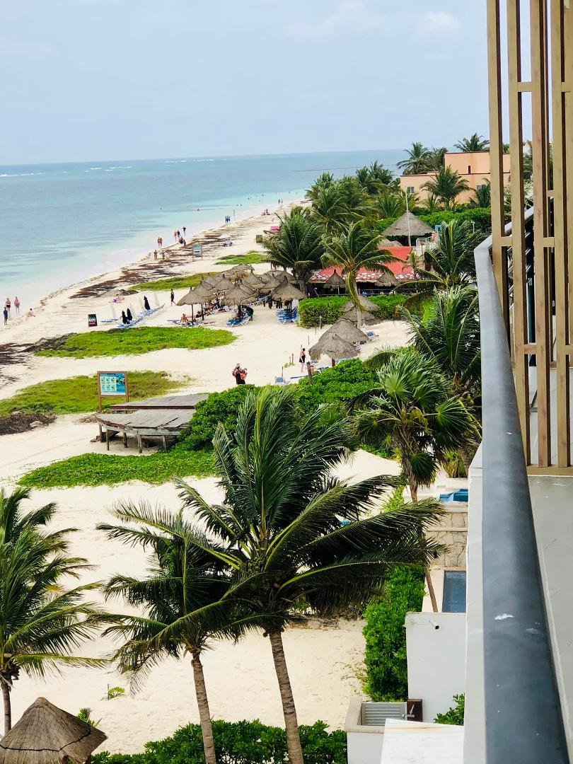From the balcony terrace at The Fives looking south, with Unico Beach and its thatch umbrellas down to Las Casitas (north side of it is coral color)