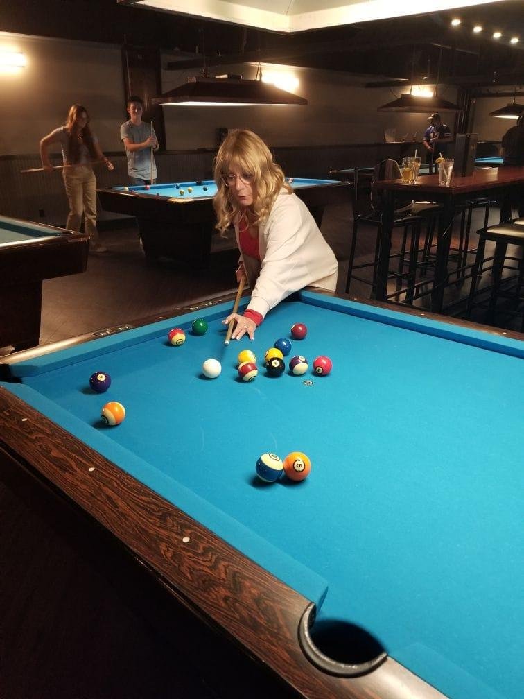 Sarah the  poolshark had no idea what she was aiming at and when the ball hit the pocket it felt like a major victory