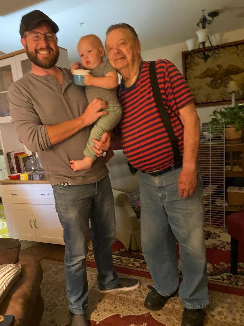 Brad and Raleigh--my Grandson and Great Grandson and me. These 2 and Lucy surprised us with a visit Sunday. We were so glad to see them but we were so surprised. Love this family.