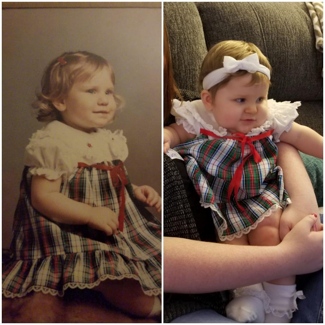 Daughter and grandaughter. Same dress 34 years apart.