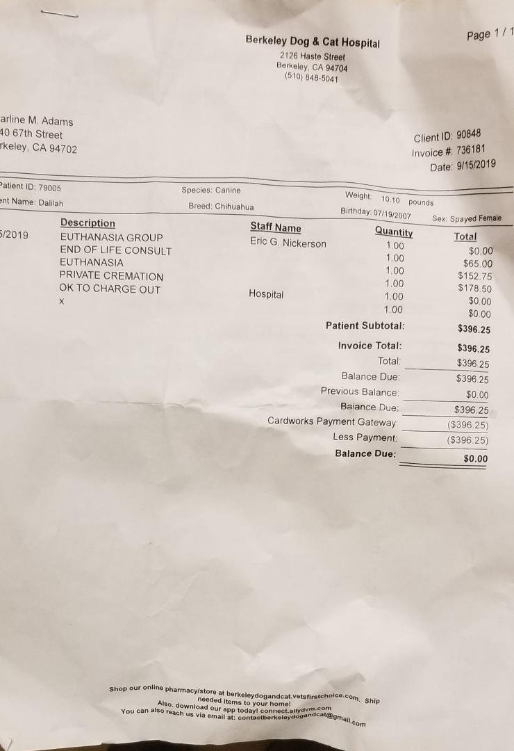 SMH. The bill it cost to regulate my precious doggy dalilah's death.. Im so sad and lonesome right now.
