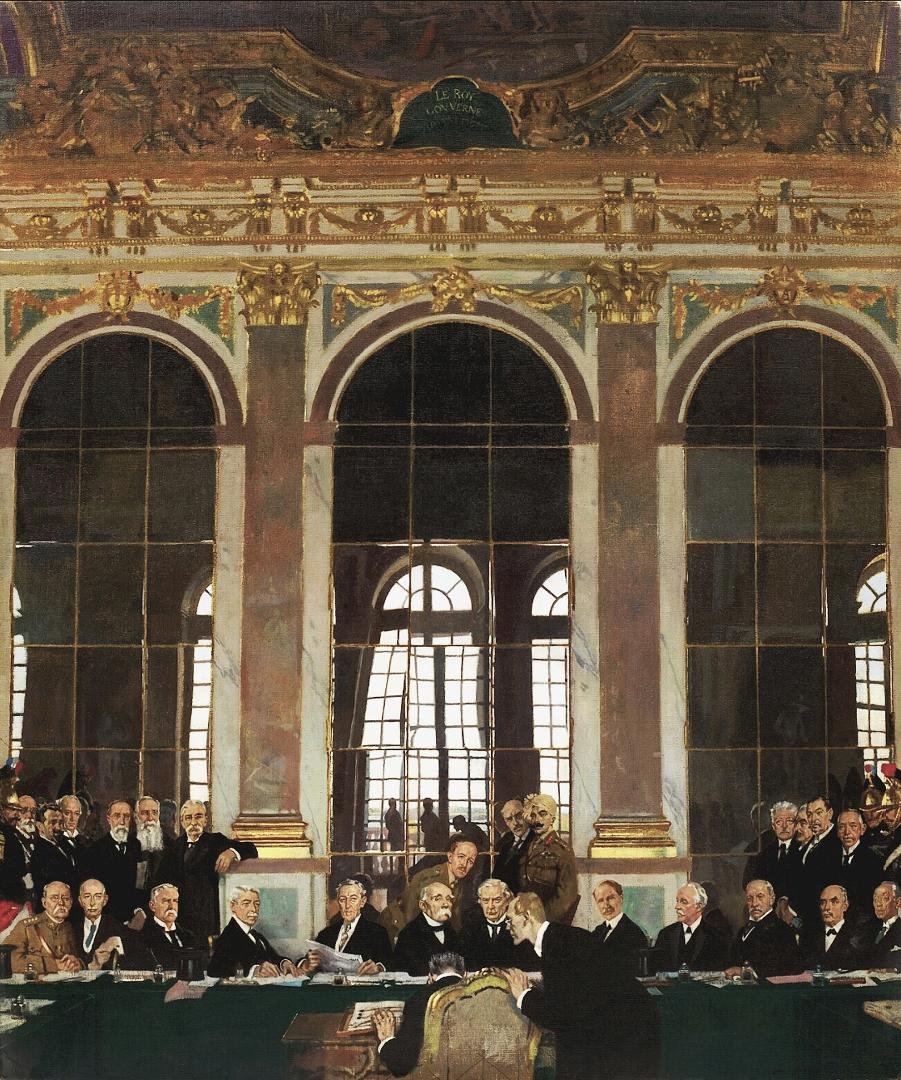 This is a famous painting by William Orpen of the signing of the Treaty of Versailles on June 28, 1919.