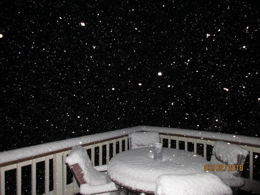 Happy Friday evening all!  Well, today we had scattered snow showers and a high of 36F. A lot snow melted off the railing on our back deck.  Anyways, the next wave of snow, which will last overnight, started around 4:45PM a