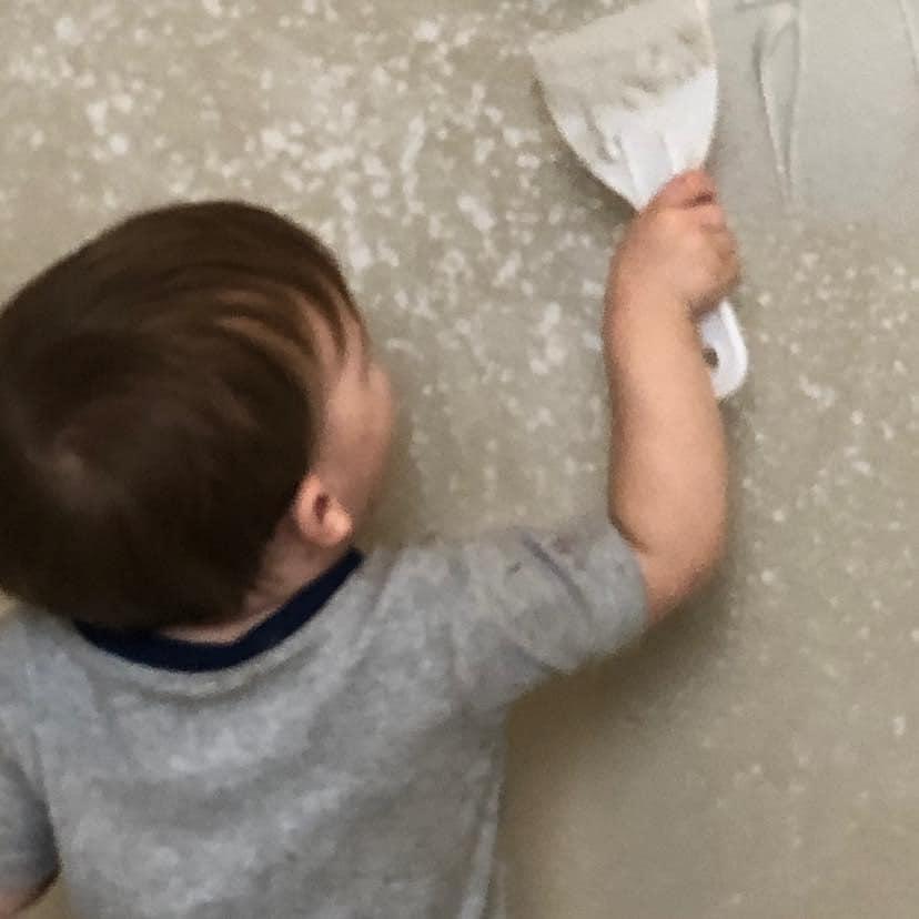 Our sweet great grandson Carson age 2 1/2, learning the drywall trade from my daughter Maggie his (Mae Mae) and my son in law Wes (Paw Paw). lol too cute Upfront Drywall and Construction