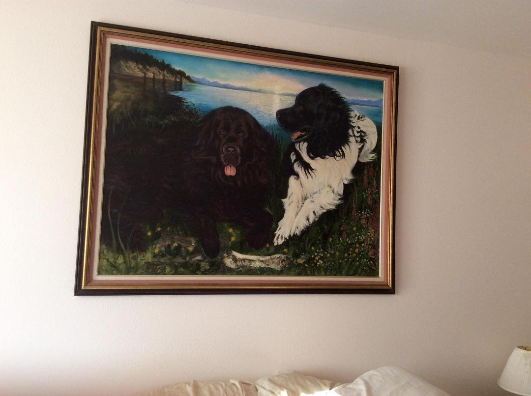 Here is the painting of the two Newfoundlands my parents once owned...the black one was Brave Bosen and the other which is a Landseer Newf her name is Stella Maris ( means Star of the sea)