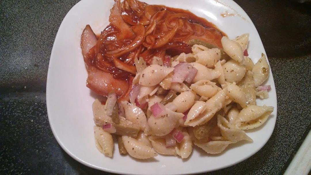 Hog Joel with onions &lime bbq sauce and pasta salad yum yum