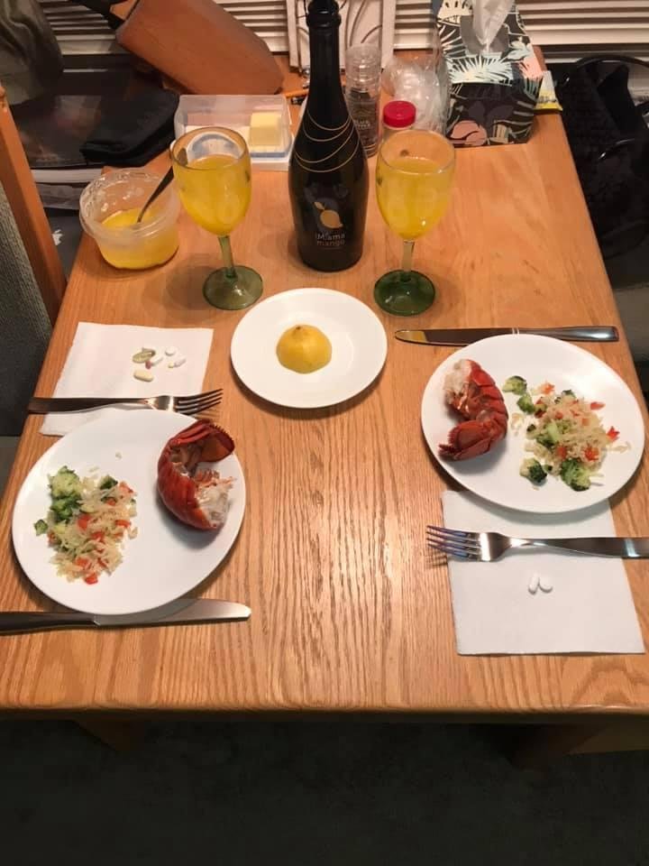 Thanksgiving weekend, part 2! Lobster tails, rice with veggies, and some Mango Moscato wine, courtesy of our friend Sarah!