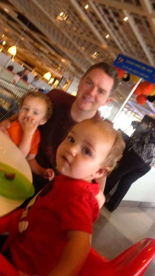 Rob with Heather's boys, Gavin and Owen at IKEA. Lunch. Now on to the Police to start my security license.