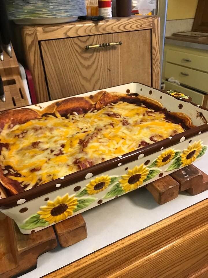 Chicken enchilada casserole. Couldn’t find my cumin spices so used my Fiesta party seasoning. This must be eaten with sour cream and lots of milk. Spicier than I like. Good though