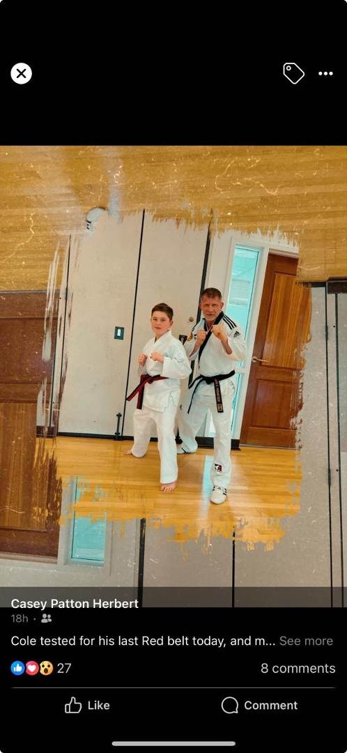 This is my grandson Cole. My son Jason’s son. He just finished getting his last red belt and moves on to a black belt test in March. I am very proud of him!