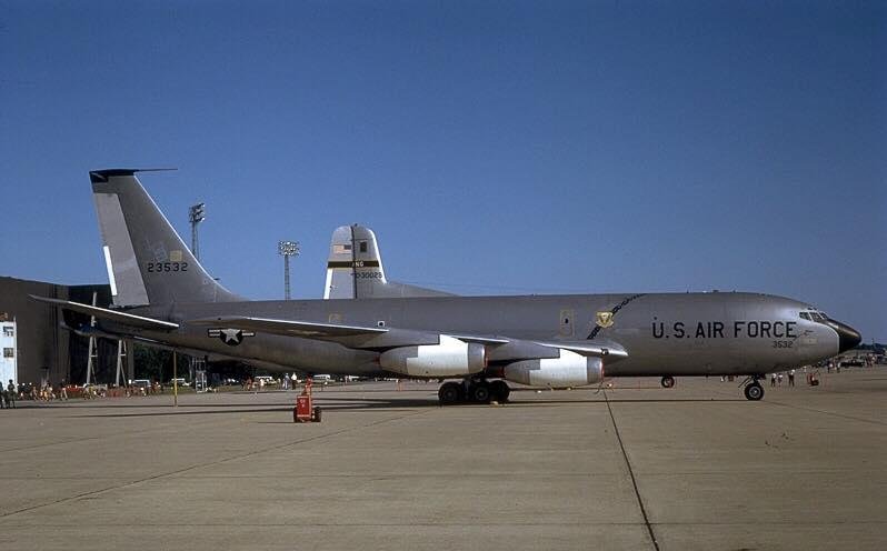 Wow! I just found a photo of the first KC-135A I worked on in the Air Guard around 1976. This photo is when it was still assigned to the 509th BW at Pease. And there is a tail of a C-124 “Ole Shakey” showing behind it. I wo