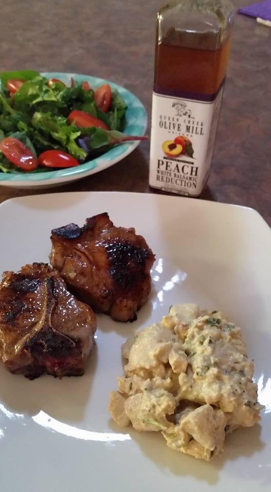 Found New Zealand lamb chops at Sprouts and marinated them in this delicious Peach White Basalmic, spicy potatoes salad, thank you Barbara Traines, and salad drizzled with the peach white balsamic and olive oil, from Queen