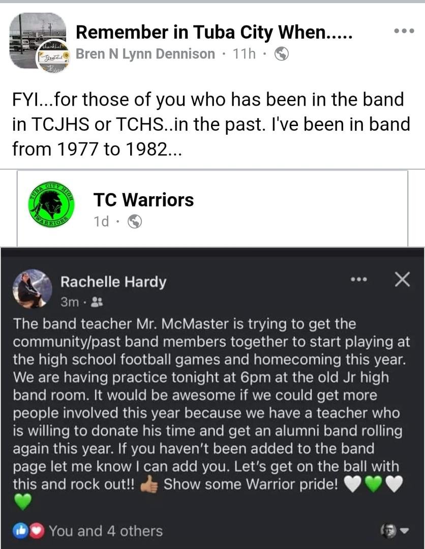 Share this. Pass it on to any Alumni TCHS band members. Mr
MCmasters wants to start an alumni band to play at football games and homecoming. Sign up