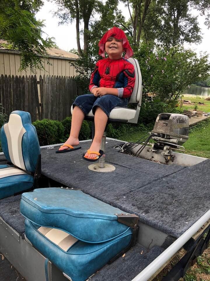 Bubs going to help pop clean boat❤️he’s Spider-Man.