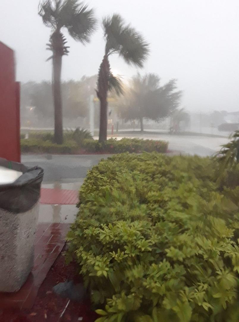 Fort priece out my car window. Thanks McDonald's for blocking some of the wind. The dogs seemed like it was just another day. God was with us no damage to the trailer.