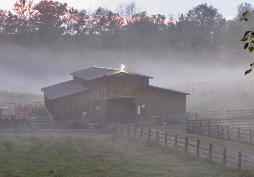 Farm building near the Creeper Trail at dusk.
