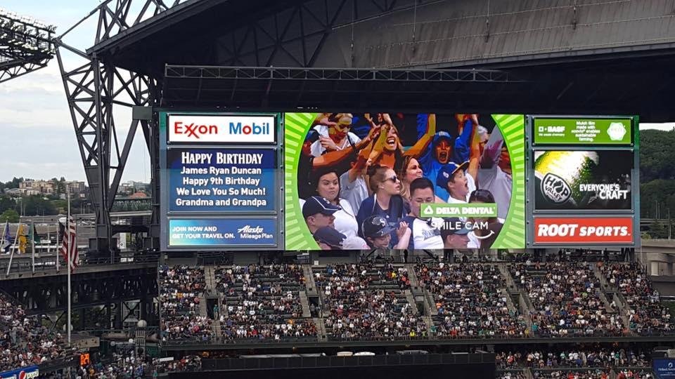 Grandson James, as part of his birthday Lollapalooza, went to both a Seattle Sounders and a Mariners game. His Grandmother arranged for a birthday announcement on the Mariners big screen. Good job Grandma!