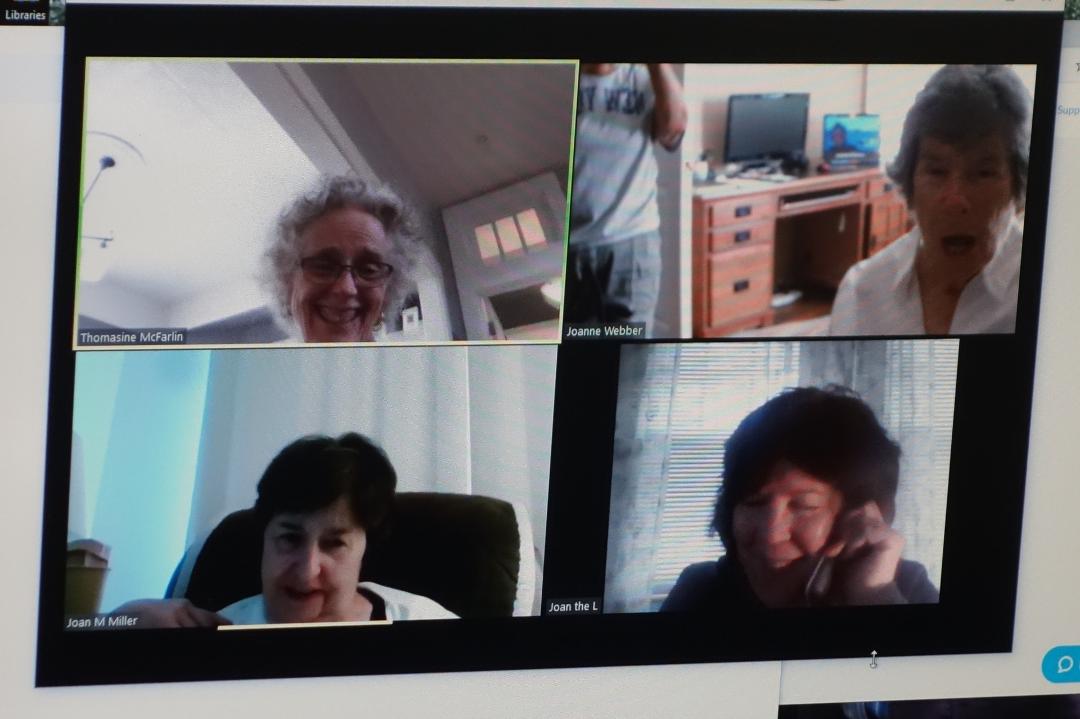 Joan Lanigan, Joan M Miller, Thomasine McFarlin and Joanne Webber zooming this morning. Joan L goes hi tech to work around her missing audio.