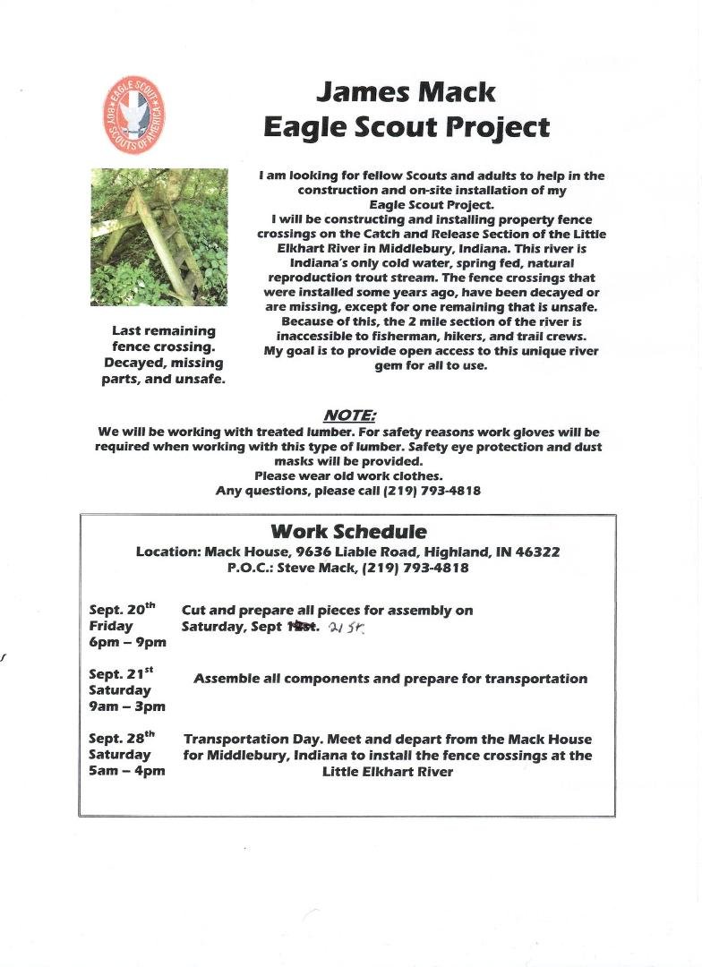 James Mack's Eagle Project Sept. 21 - 22 -28. Se the flyer and help out!
