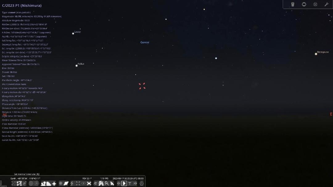 Brand new comet. Comet C/2023 P1 (Nishimura) May be naked eye next month. New ones are hard to predict, one guess is 100 times brighter than now. This is a screenshot from Stellarium of where it will be at about 2:25 am