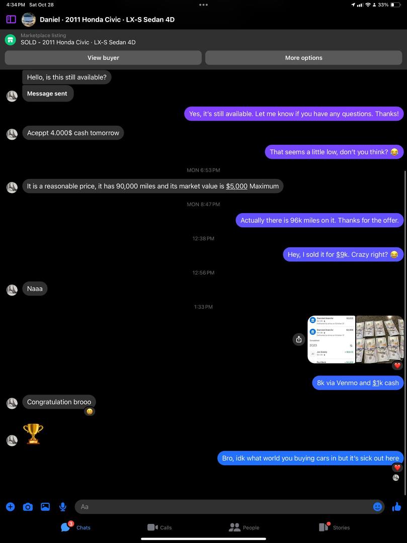 Smh… has anyone tried to buy a car in the last 3 years? My guy, livin back in the year of 2019 when prices made sense, was trying to bust me in the chops by stealing it from me.
Long story short, 4 cars for 2 people was g