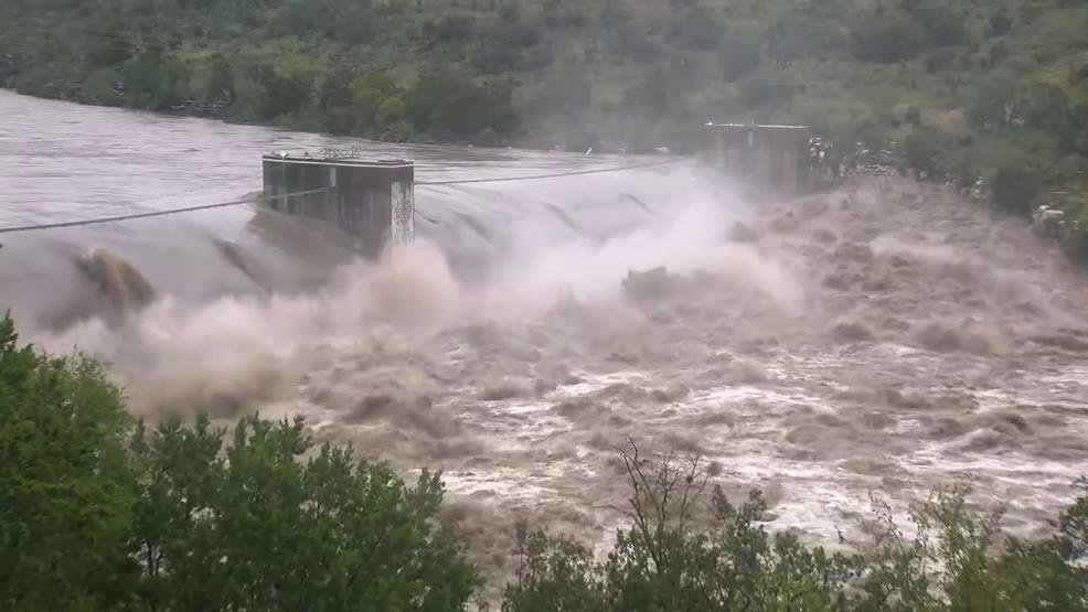 Starke Dam on the Llano River near Marble Falls, TX. Major flooding on the Llano River pouring into Lake Travis which was rising over a foot per hour. Four floodgate are open on Lake Travis which was 20+ feet below full o
