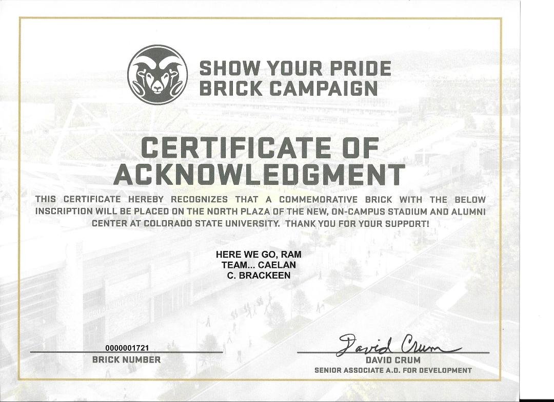 Caelan's CSU Stadium certificate for Christmas.