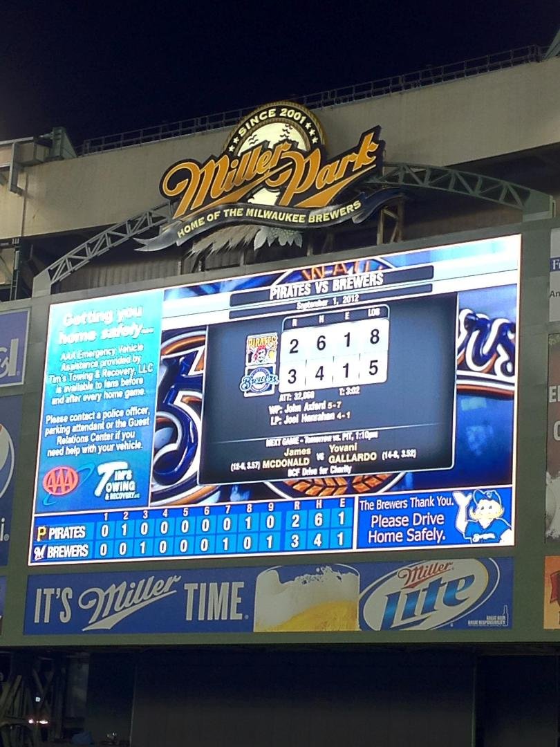 Brewers won in dramatic fashion Saturday night ~ 9/1/2012