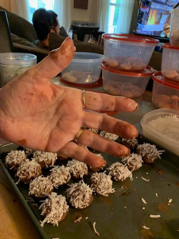 My fingers and palm covered with chocolate and coconut. At least the parts I didn’t lick off.